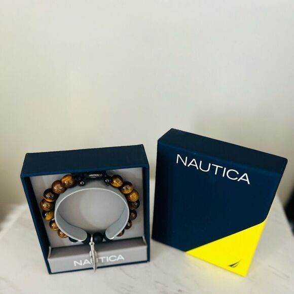 NAUTICA Tiger Eye Beaded Feather Charm‎ Bracelet, Uni Sex, Brown/Black, NWT - Picture 14 of 15